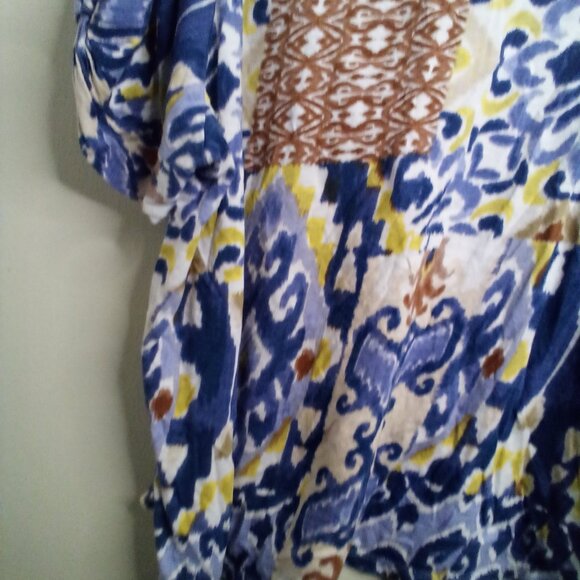 Cupio Blouse Women 2X Short Sleeve Soft Pattern Blue Brown Yellow - Picture 4 of 15